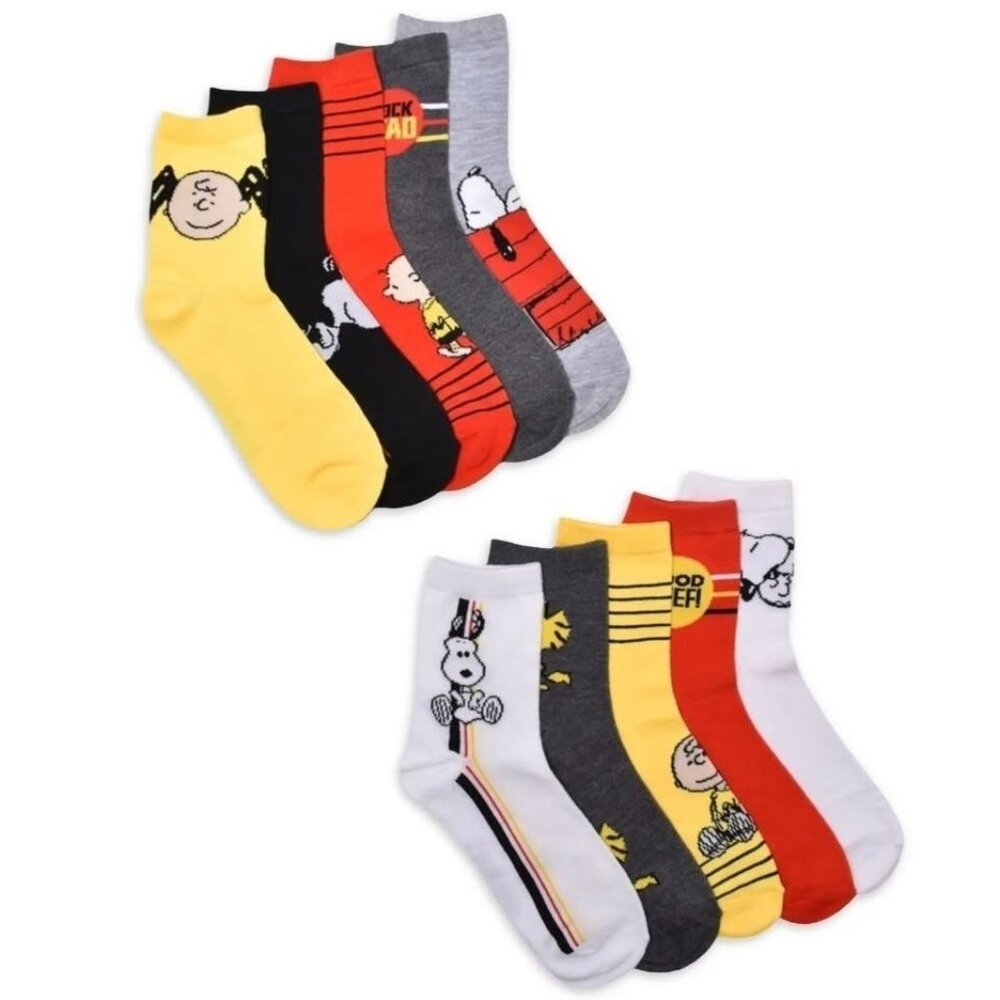 Charlie Brown & Snoopy Shortie Crew Socks 10-Pack Fits Shoe Size 4-10 Assorted